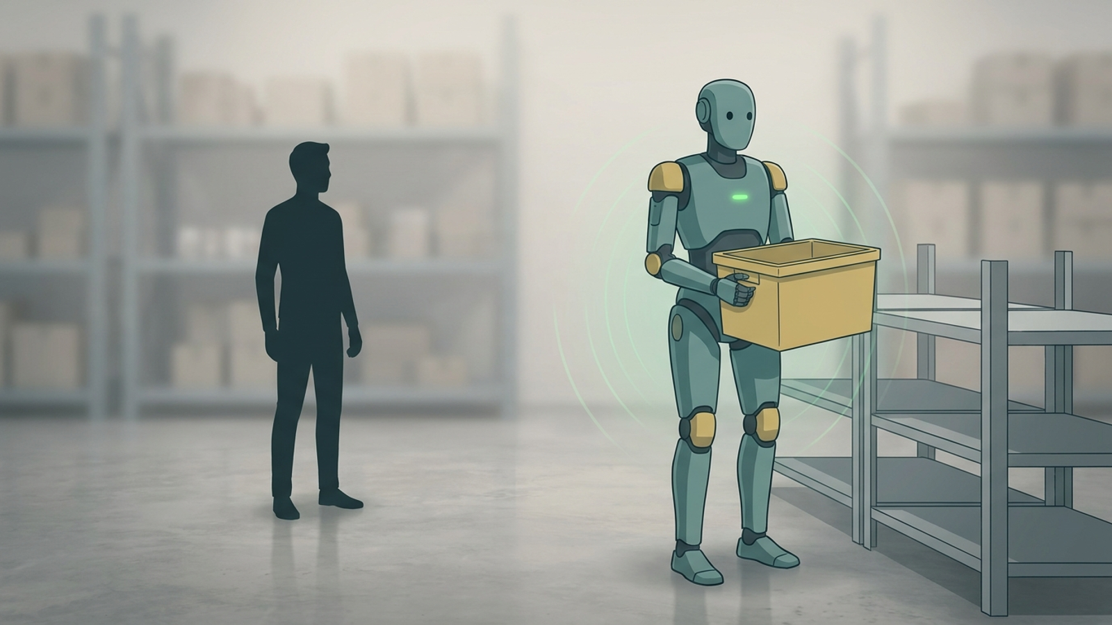 Editorial illustration of a teal bipedal warehouse humanoid holding a yellow tote beside low shelving, with a person standing at a safe distance and faint sensor arcs around the robot