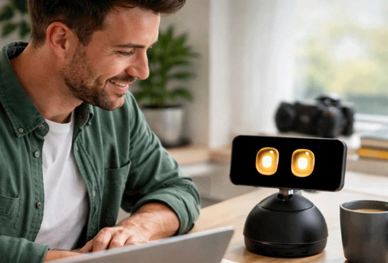 Loona DeskMate at-a-glance manufacturer image showing an embodied AI workmate with screen-aware desktop context