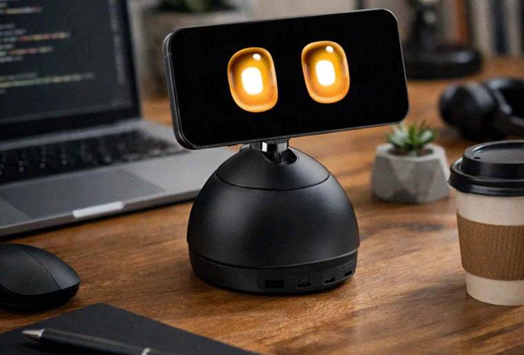 Loona DeskMate screen-aware desk robot on a work desk, showing why AI desktop companion privacy depends on screen and phone permissions