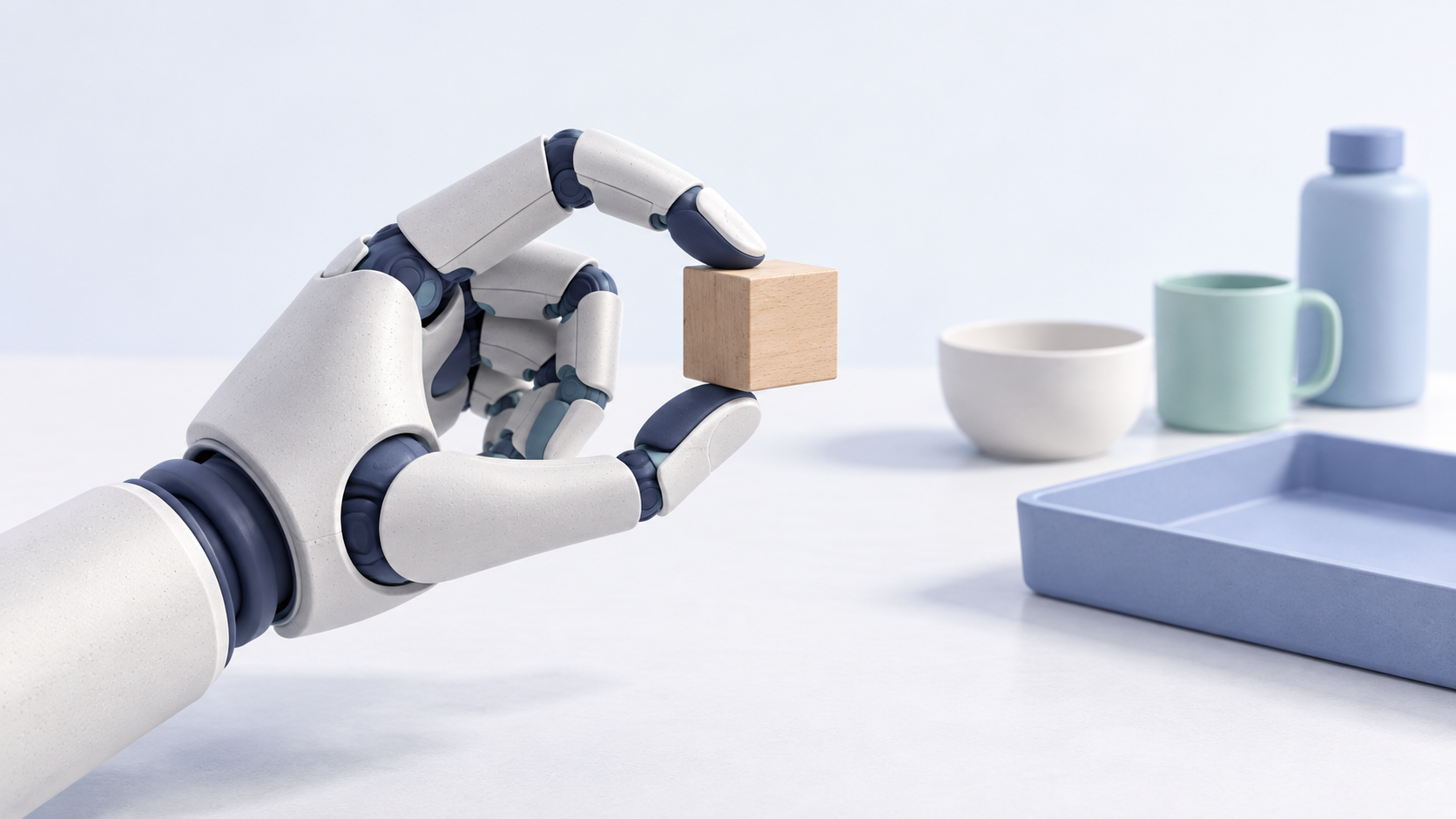 AI-generated concept of a generic robotic hand pinching a wooden block, with household objects and an empty tray nearby