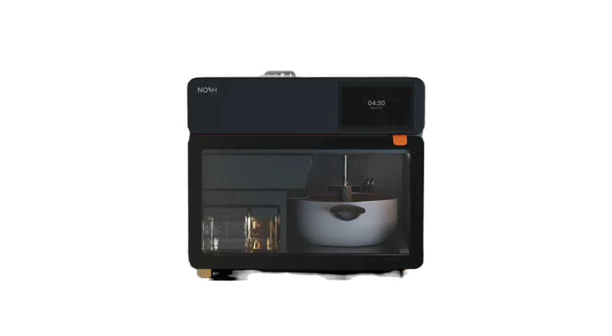 Nosh One home cooking robot appliance showing a constrained path to robot chef automation