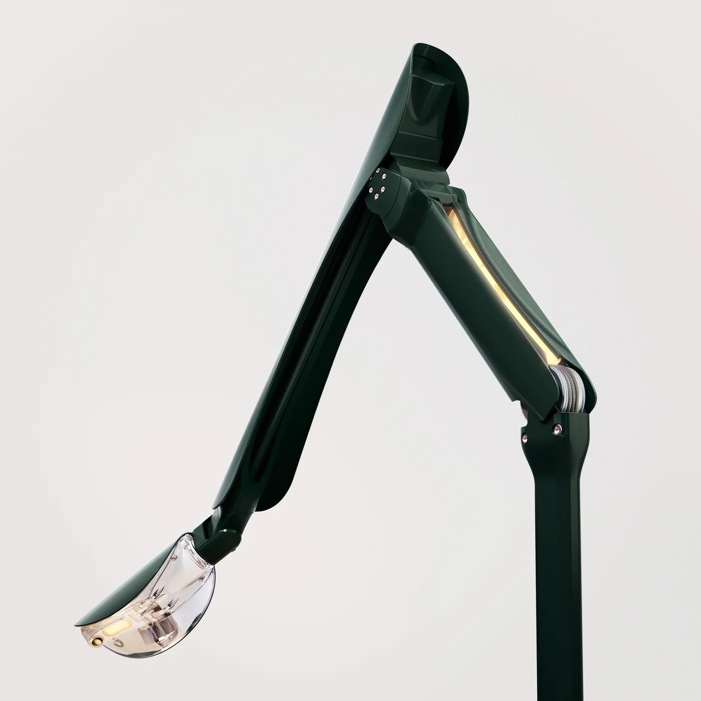 Syncere Lume robotic arm detail showing the hidden manipulation hardware behind the lamp-style home robot concept