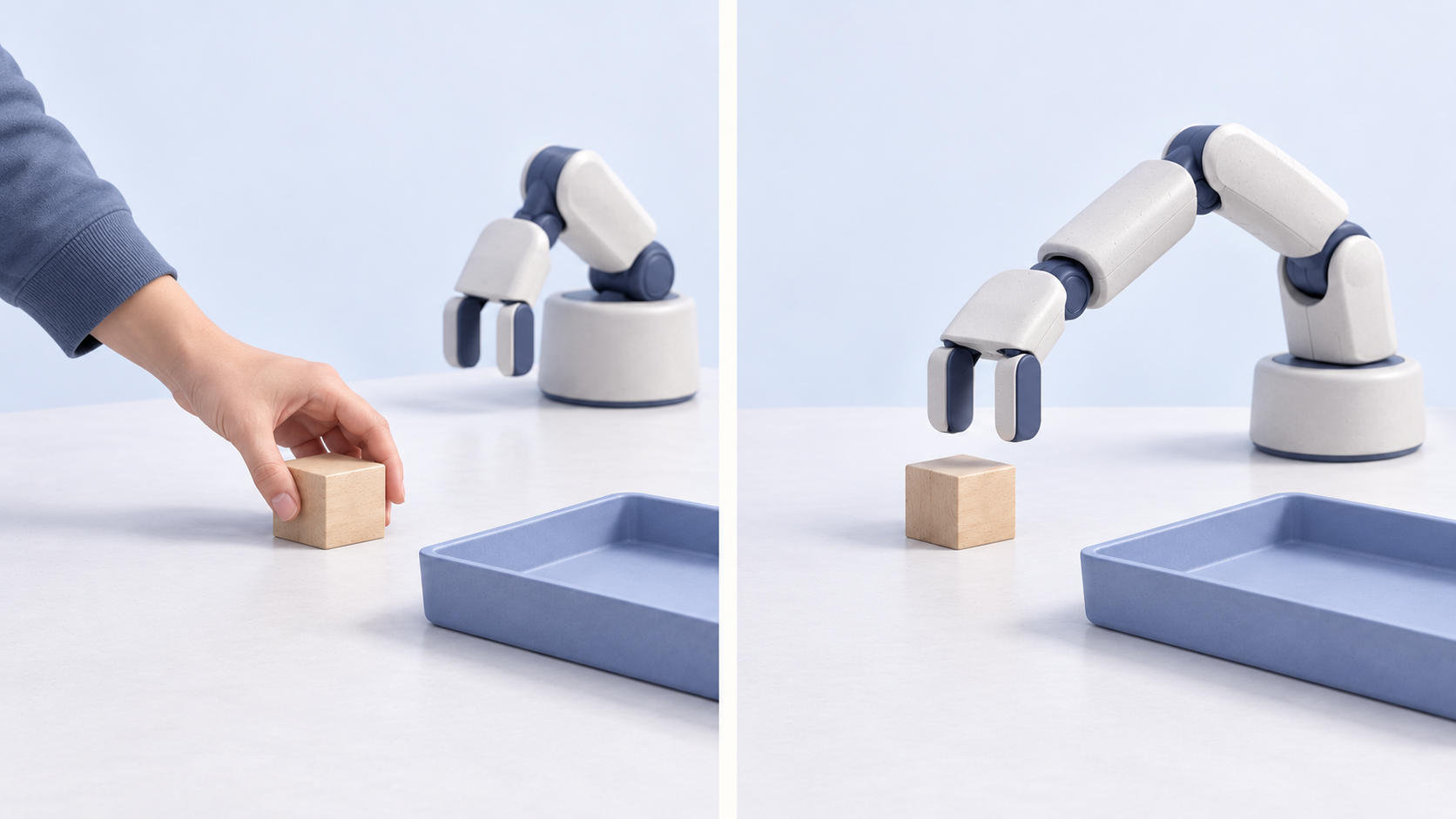 Two-panel concept: a person resets a tabletop block beside a parked robot arm; then an open gripper approaches the block with nobody in the workspace.