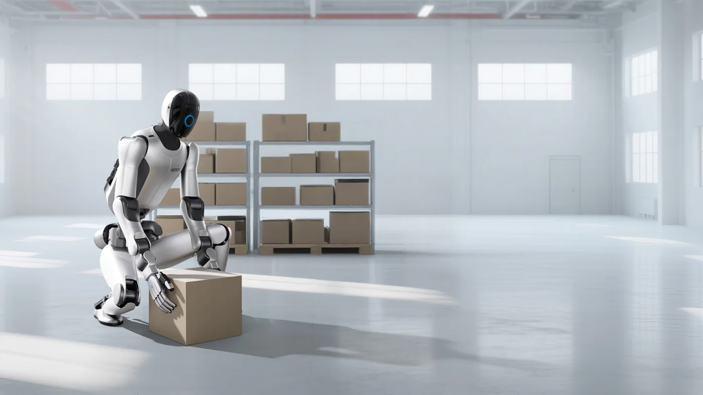 UBTECH Walker S2 humanoid robot handling boxes in an industrial scene for manipulation and home robot charging context