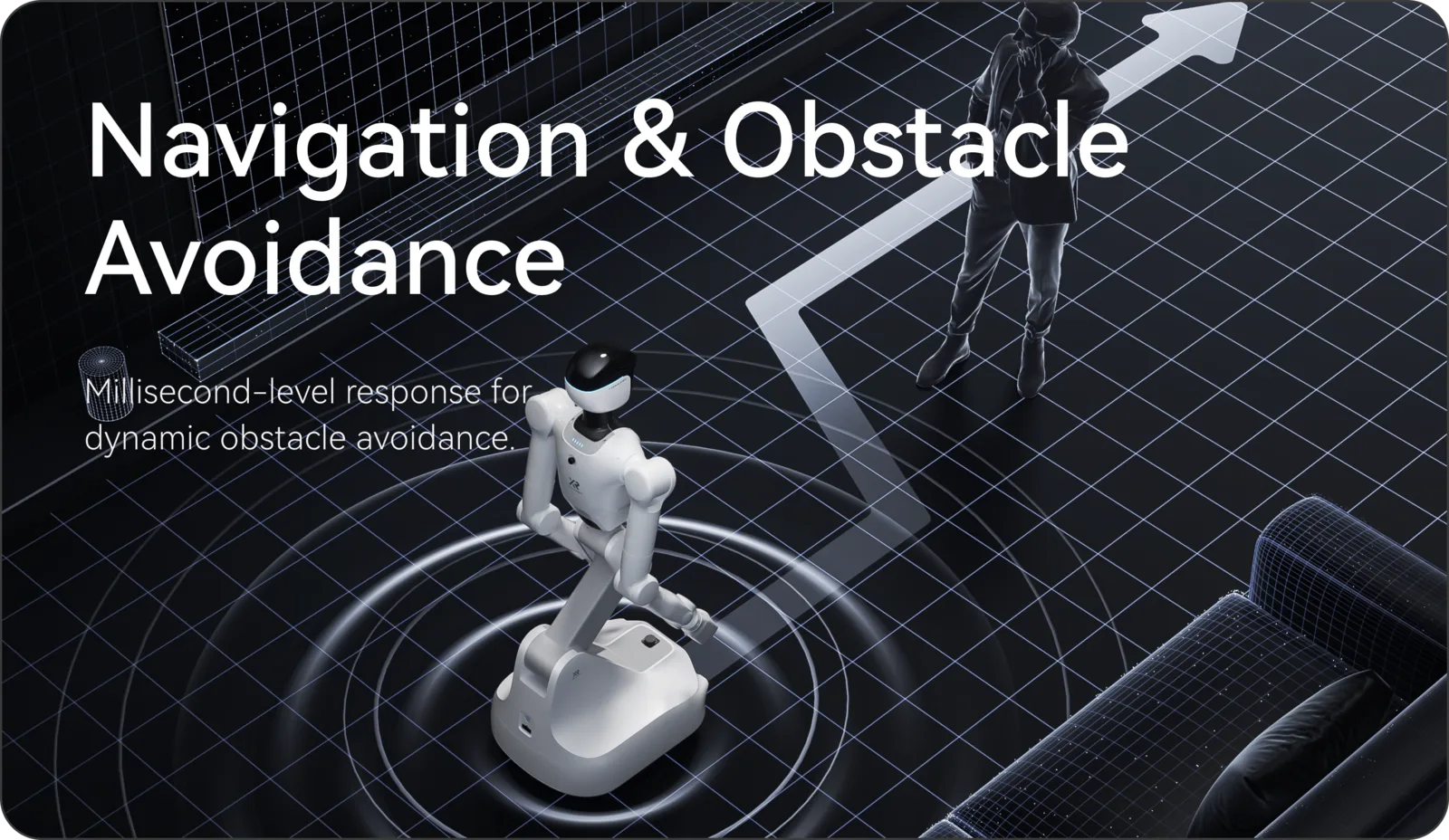 X Square Robot Quanta X2 home robot maid navigating around furniture with obstacle avoidance