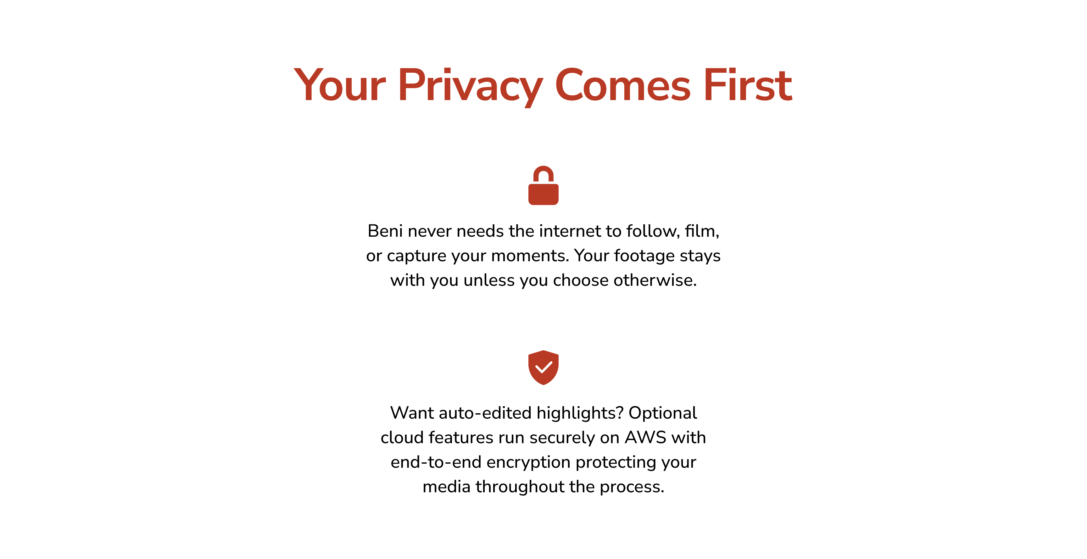 Mondo Robotics Beni privacy graphic explaining local capture and optional cloud auto-editing