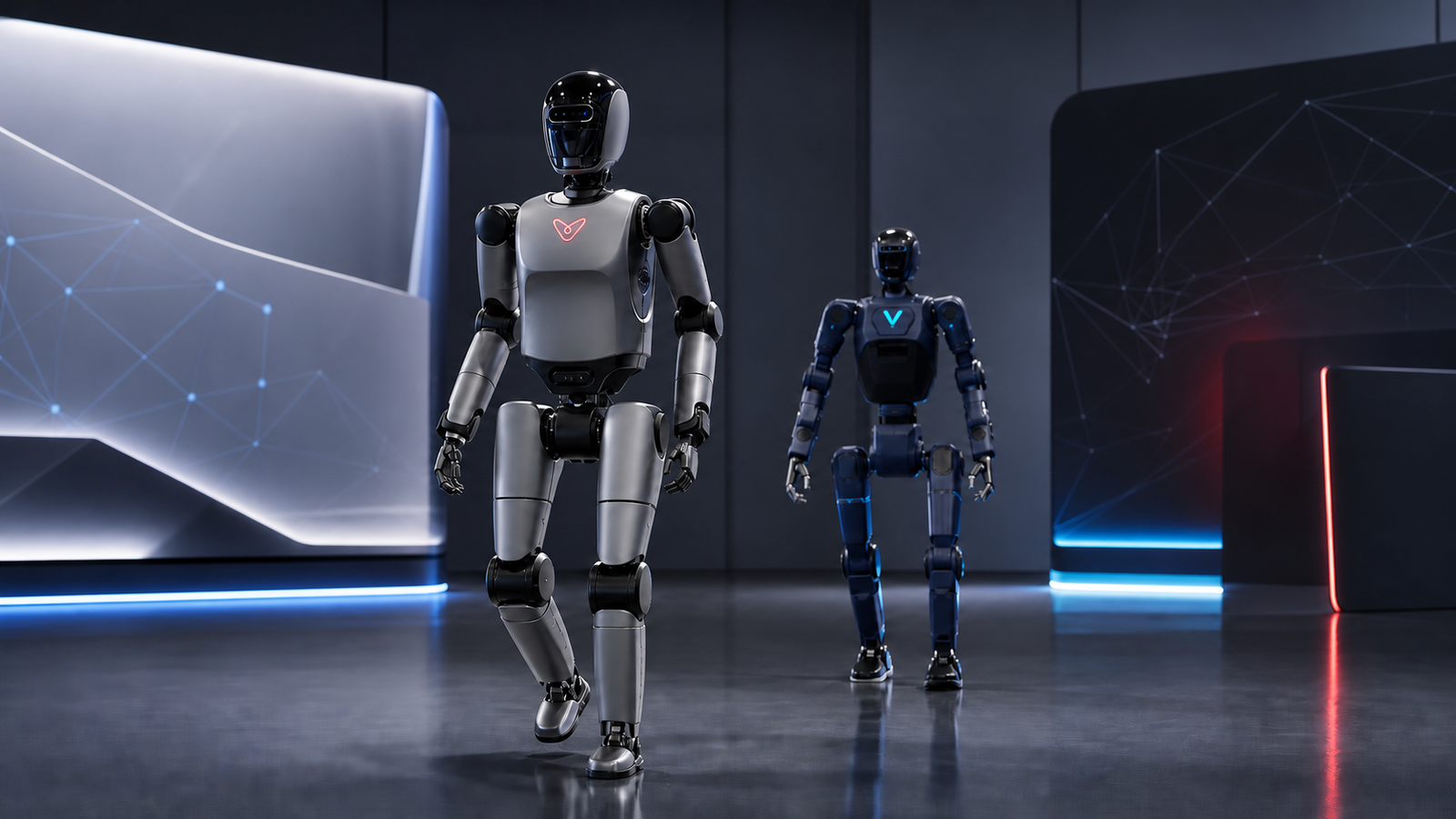 AI-generated editorial illustration of VinRobotics- and VinMotion-style humanoid robots in a neutral lab/expo setting